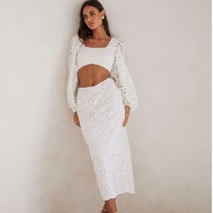 SABOLUXE Valencia Puff Top And Skirt In White Eyelet Set. Size US 10 NWT